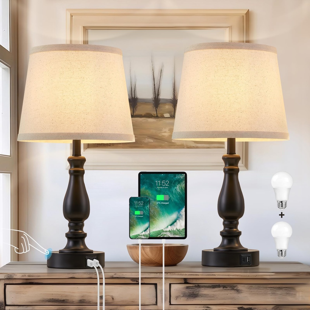 GyroVu Table Lamps for Bedrooms Set of 2 - Bedside Lamps with USB C+A Ports - Touch Dimmable