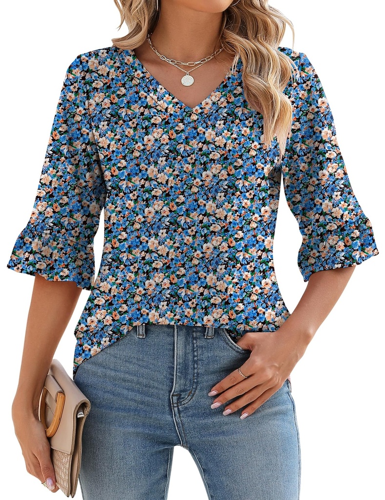 IECCP Womens Tops Summer V Neck Tunic 3/4 Length Sleeve Dressy Casual Ruffle Sleeve Blouses