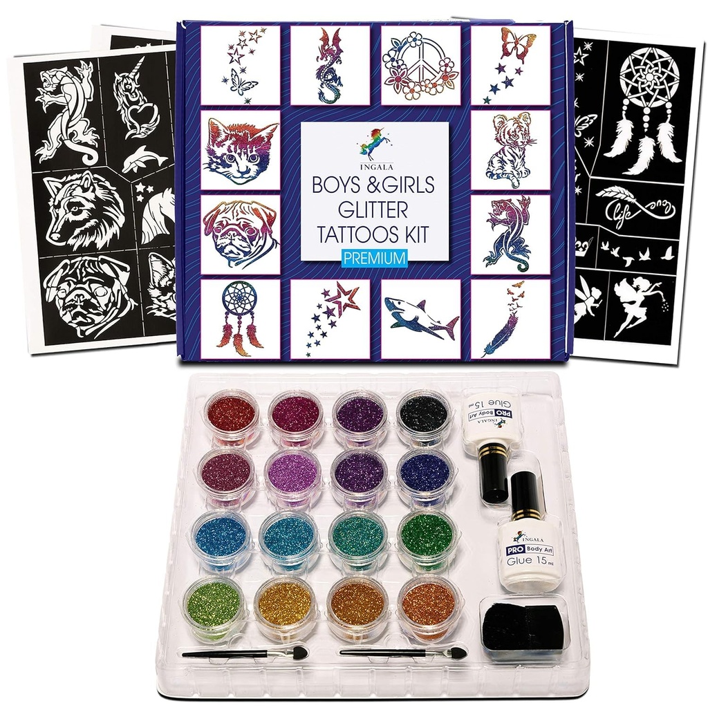 INGALA Premium Glitter Temporary Tattoos Kit for Kids, 74 Unique Stencils, 2 XL Glitter Tat