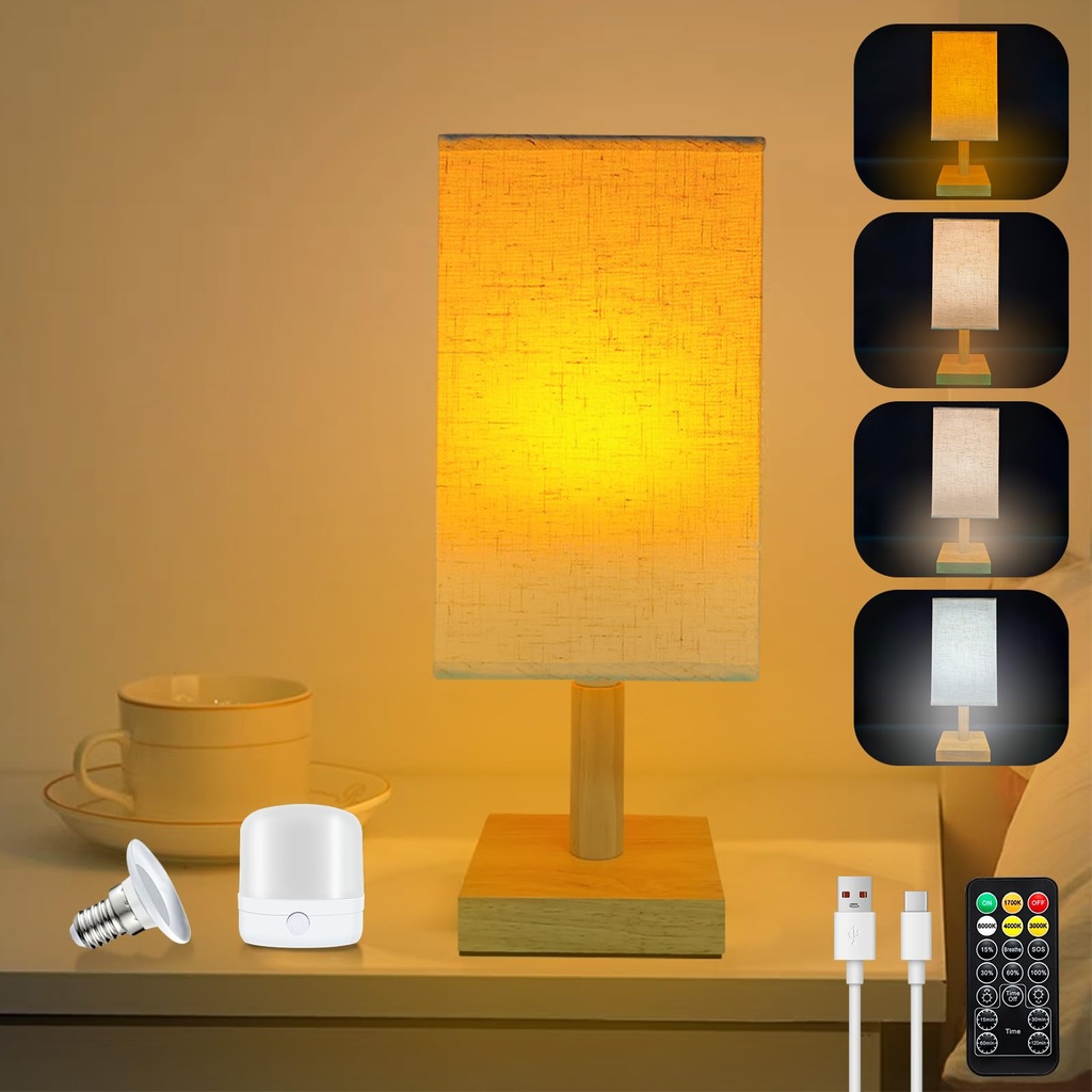 Joyes Rechargeable Table Lamp  Cordless LED Lamp with Fabric Shade, Dimmable, Remote,