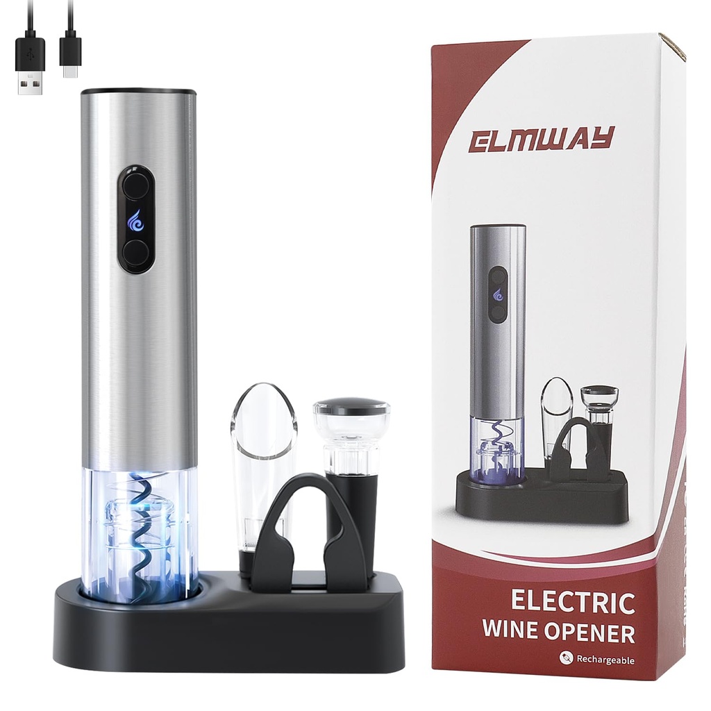 ELMWAY VinoLux Series Rechargeable Electric Wine Opener Set Ã¢Â€Â“ Electric Corkscrew with L