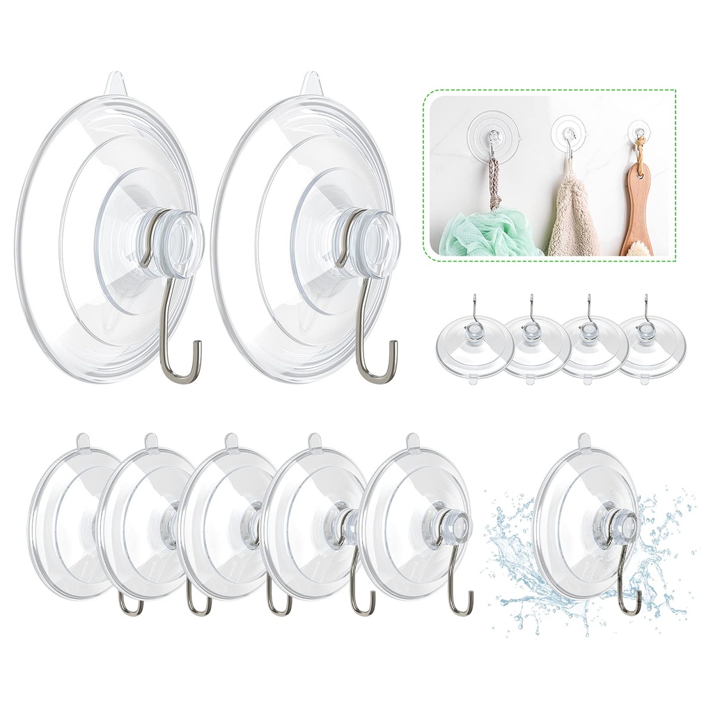 Jeowoqao Multi-Purpose Suction Cup Hooks, 12 Packs Combo Set Clear PVC Sucker Pads with Met