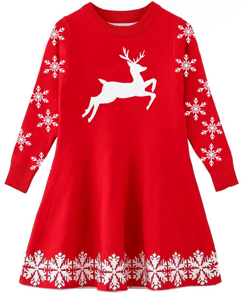 SFreeBo Girls Christmas Dresses 10-11 Years Red Girls Sweater Dress Reindeer Winter Warm Kn