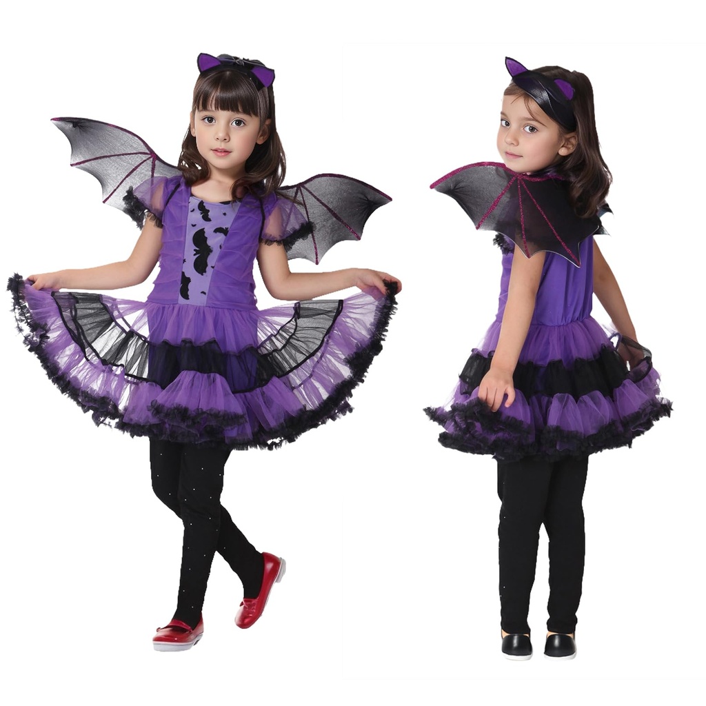 Cloudkids Girls Halloween Bat Costume for Kids Vampire Cosplay Party Bat Princess Dress wit