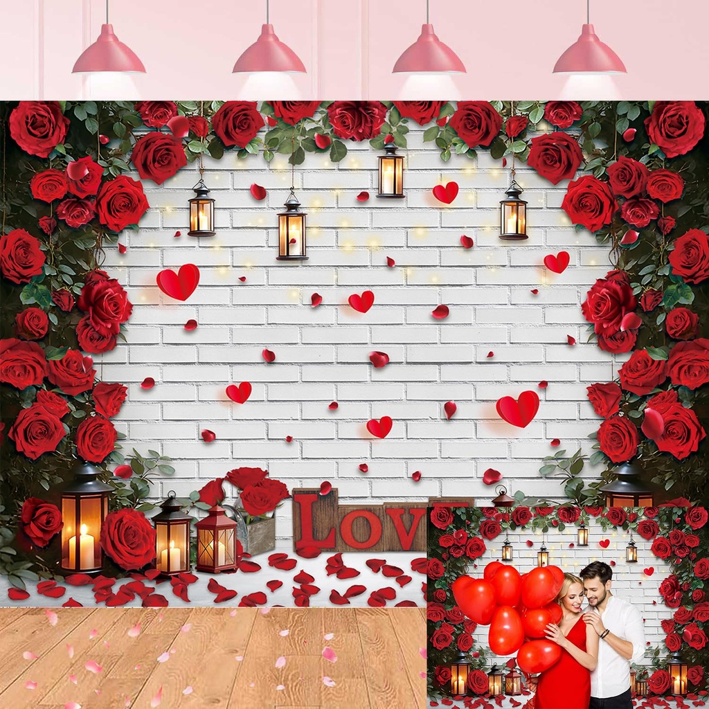 Rose Flowers Wall Backdrop Red Valentine's Backdrop Retro White Brick Wall Romantic Photogr