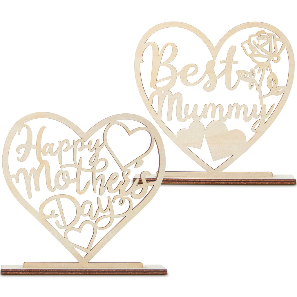 Jetec 2 Pieces Mother's Day Wooden Heart Plaque Decoration for Mum Hollow Ornament Birthday