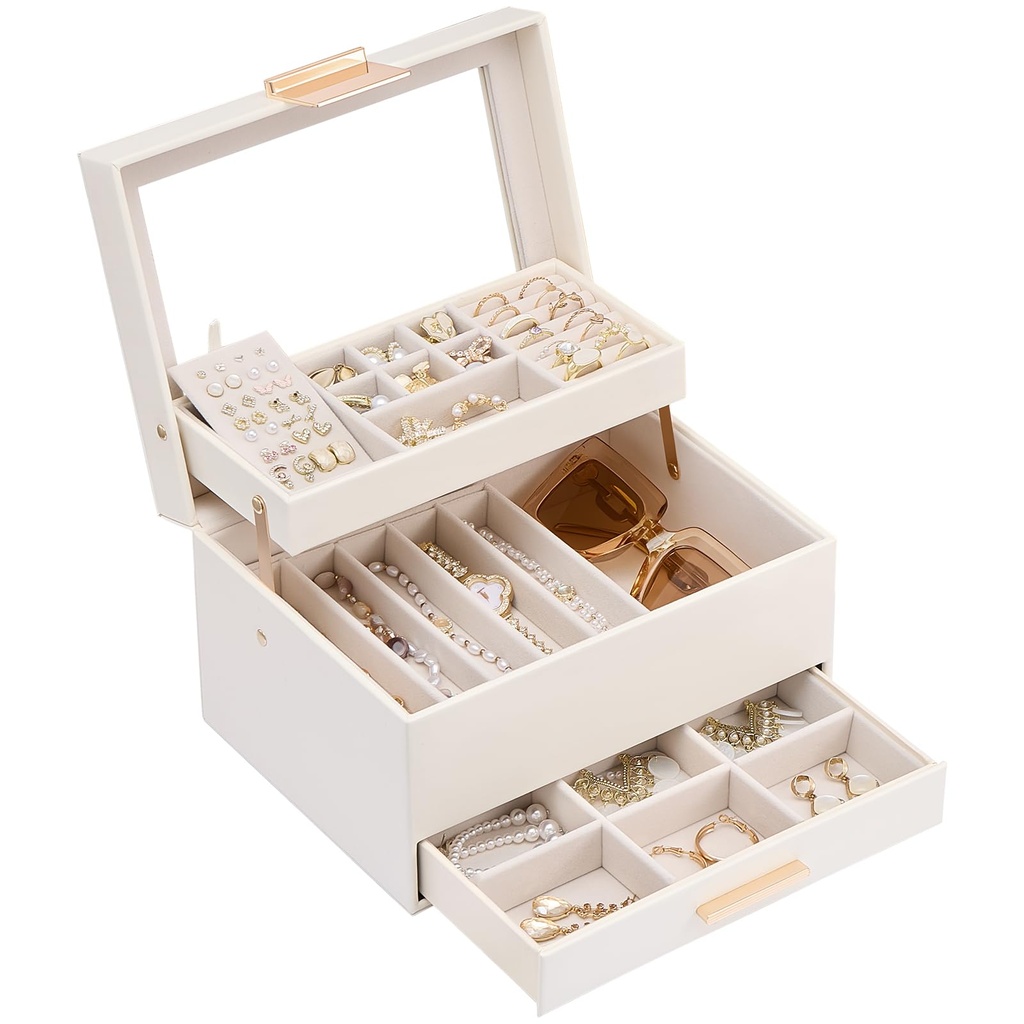 Lolalet Jewelry Box, Clear Window Organizer with Drawer for Earrings Bracelets Necklaces