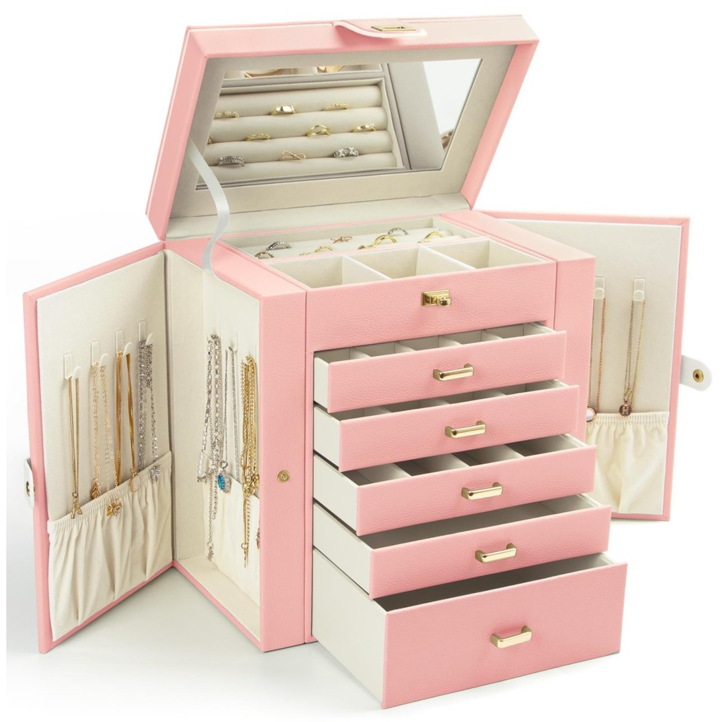 KAMIER Jewelry Box for Women, 6-Layer Large Jewelry Organizer Box with Mirror & 5 Drawers