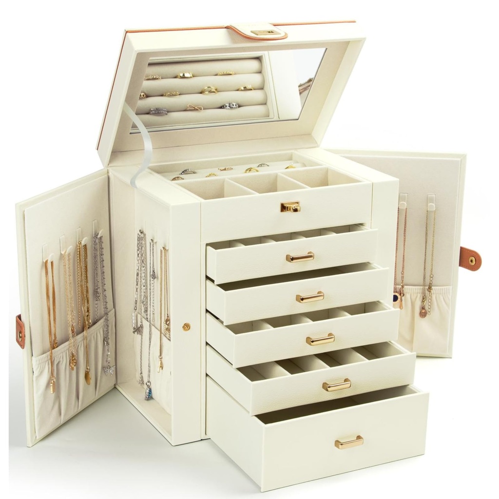 KAMIER Jewelry Box for Women, 6 Tier Layer Large Jewelry Holder Organizer Box with Mirror