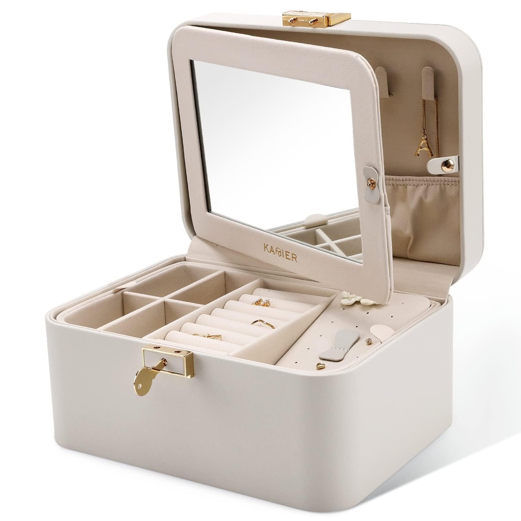 KAMIER Jewelry Box, 2 Layers PU Leather Organizer, Large Capacity, Double Lock, With Mirror
