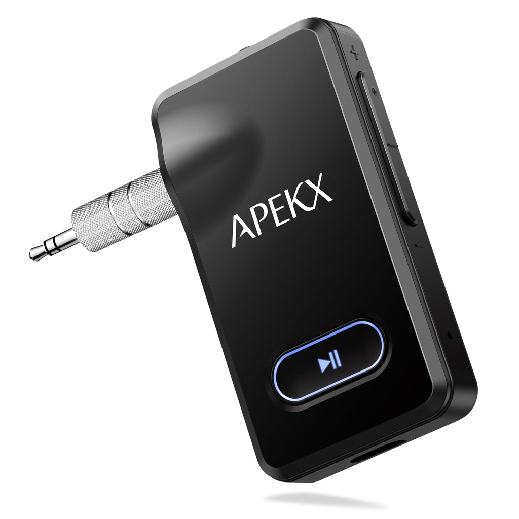 APEKX Bluetooth Adapter for Car, Wireless 3.5mm Aux Hi-Fi Audio Receiver with 15H Battery