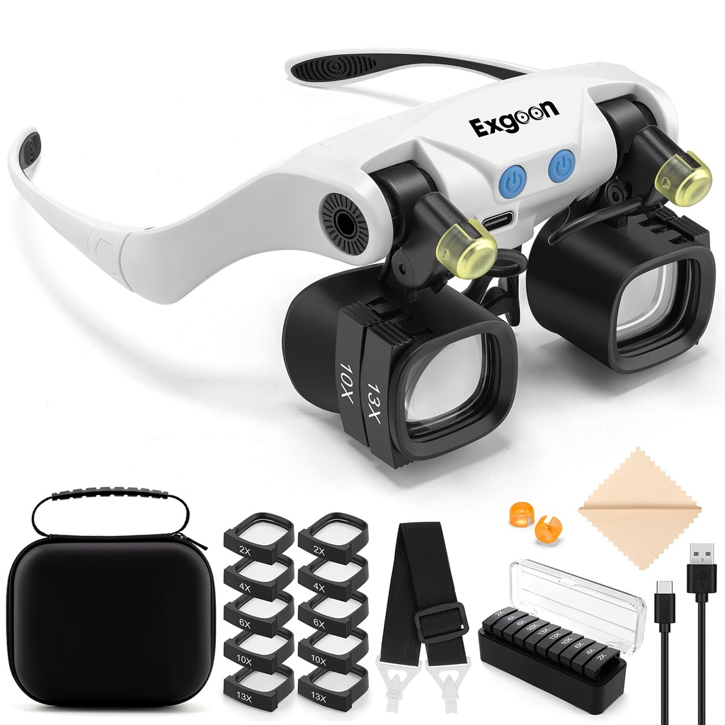 Exgoon Magnifying Glasses with Light, 2X to 23X Headband Magnifier with 5 Pairs Interchange