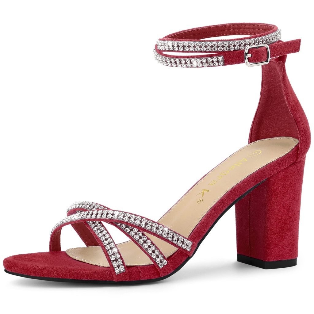 Allegra K Women's Rhinestone Ankle Strap Chunky Heel Sandals Red 5 UK/Label Size 7 US