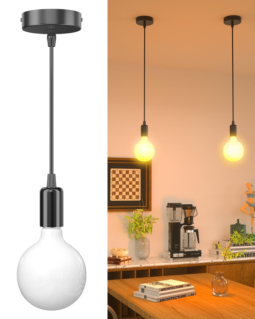 HeatingLux Hanging Pendant Light with E27 Bulb, Black Pendant Light with Adjustable Hang Lin