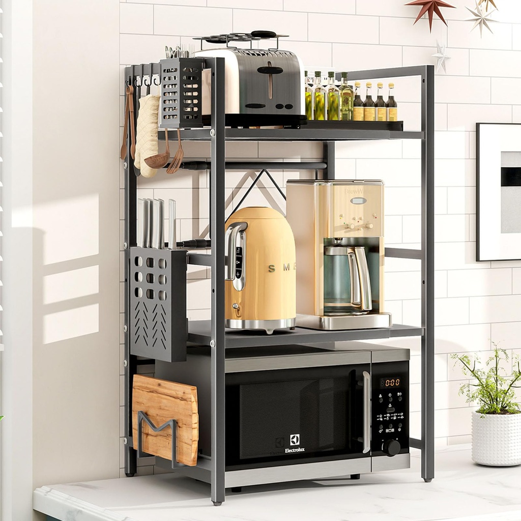 LZNIOZ Expandable 3-Tier Microwave Shelf with Hooks & Holders, Adjustable, Heavy-Duty