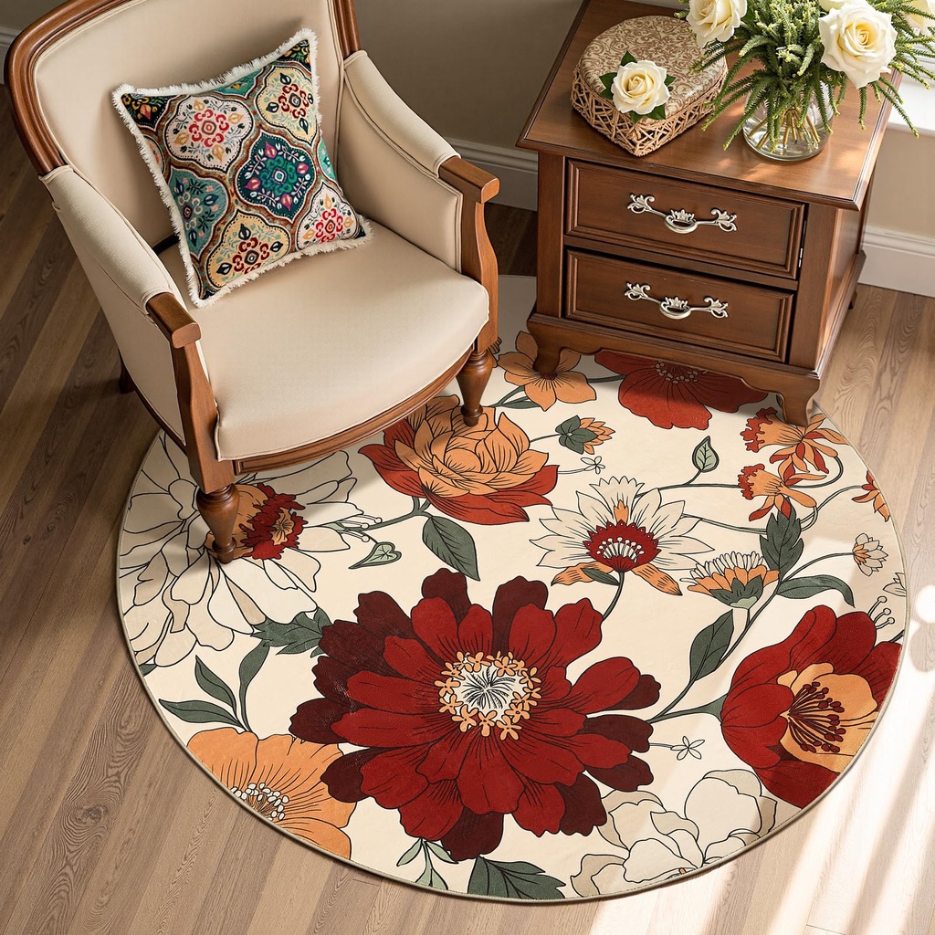TOPICK Round Rug 180cm Floral Beige Soft Rug Washable Vintage Oriental Flower Print Indoor