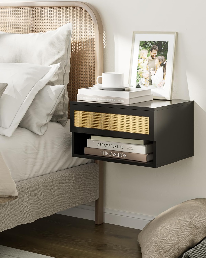 HEYZOEY Small Modern Bedside Table with Drawer, Nightstand with Floating Shelves for Bedroom