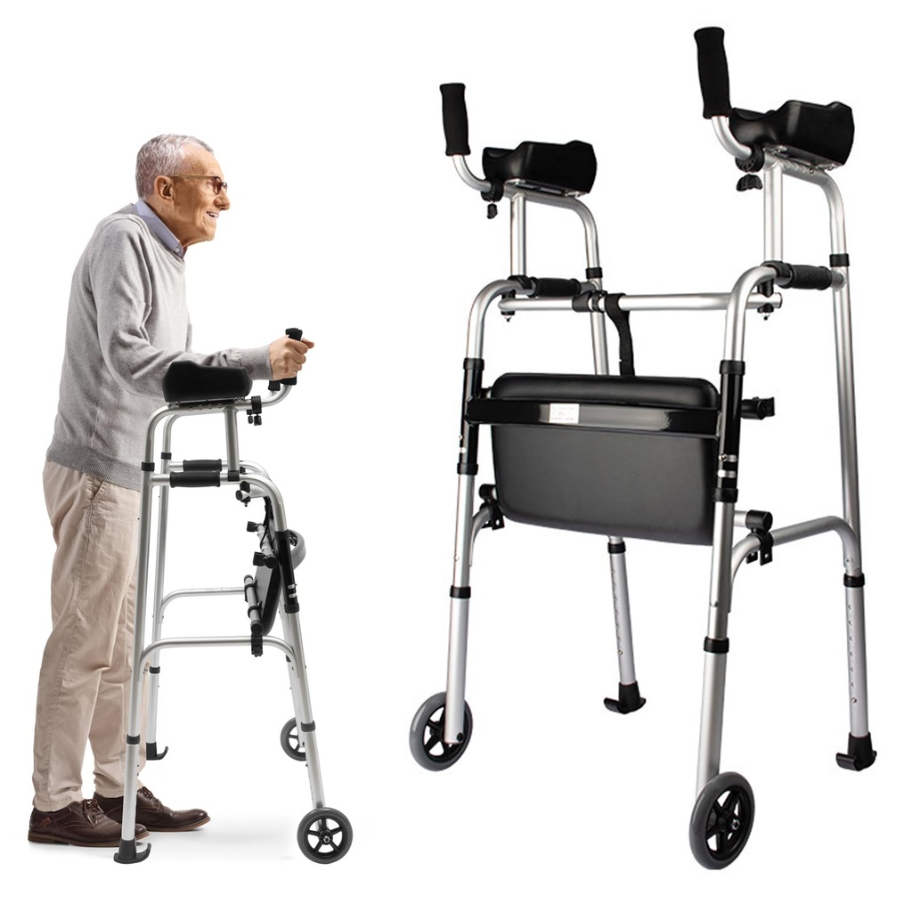 Folding Walking Frame, Adjustable Height Folding Aluminium Upright Walker, Walking Frame