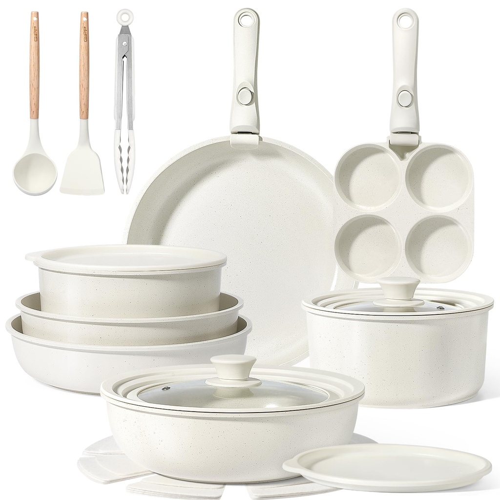 GiPP Pot Set with Removable Handle, 21-Piece Pan Set with Ceramic Non-Stick Coating