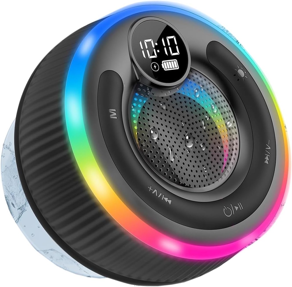 AOSRAU Bluetooth Shower Speaker, 2025 Portable Bluetooth Speaker 5.3 with Time Display, IPX7
