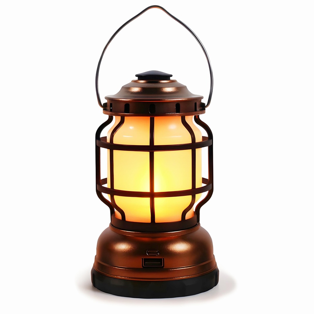 Vintage LED Camping Lantern, 2 Modes (White Light & Flame Effect), Dimmable, USB Output Port