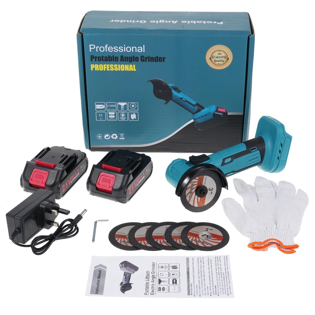 21V Cordless Angle Grinder Kit with 19000 RPM Brushless Electric Motor Power Angle Grinder T