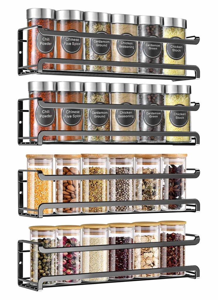 FOTINOR Spice Rack Wall Mounted 4 Pack, Space-Saving Spice Organiser with Adhesive and Screw