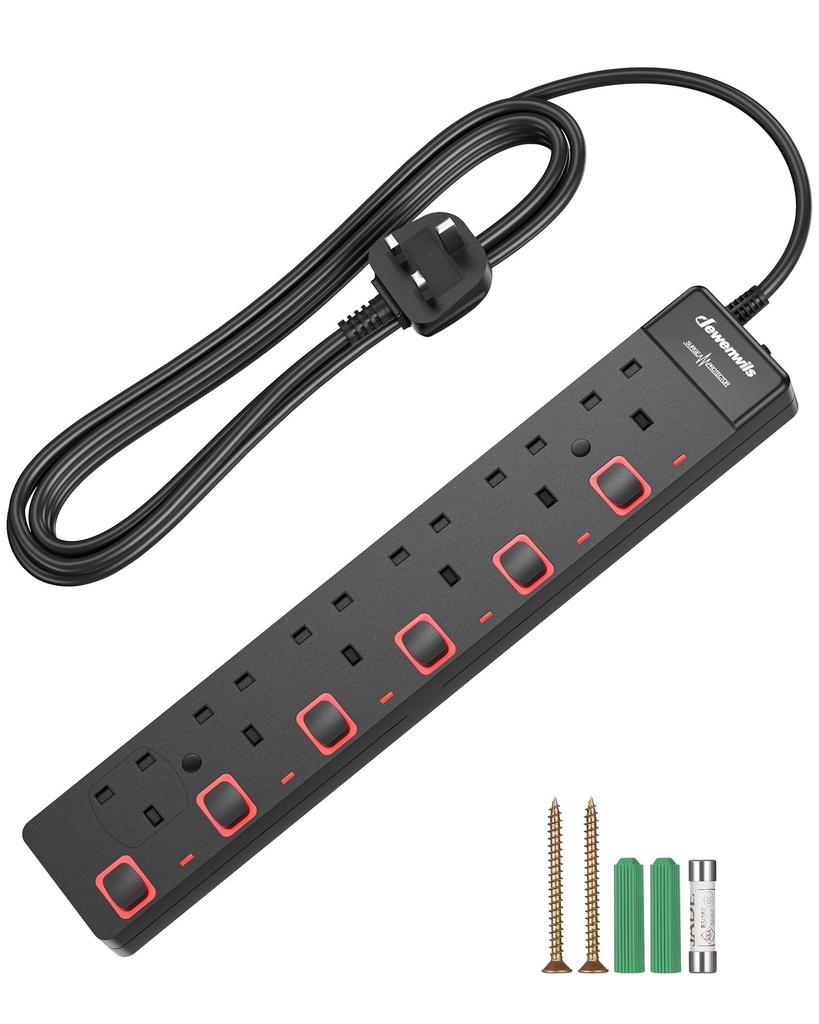 DEWENWILS 6 Way Surge Protected Extension Lead, Individual Switches and Indicator Lights, 