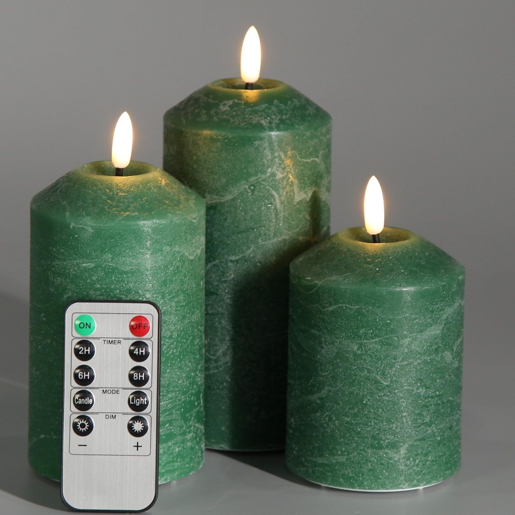 Eywamage Green Flameless Pillar Candles with Remote, Battery Operated LED Wax Candles Set of