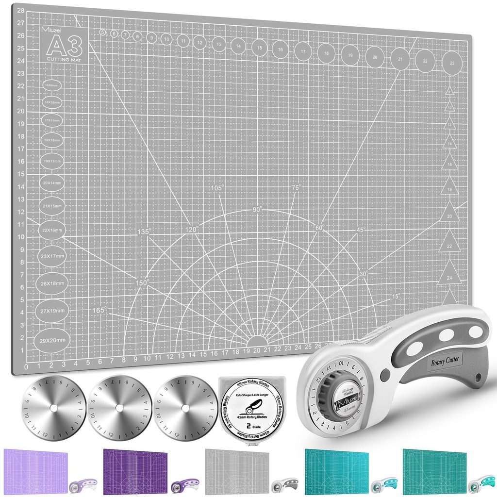 Miuzei Rotary Cutter Set: A3 Cutting Mat, 45mm Fabric Cutter, Self-Healing Craft Mat, Quilti