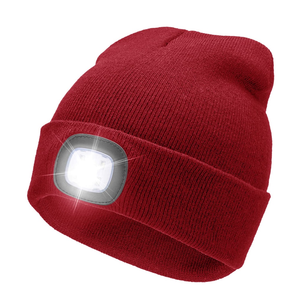 RFWIN LED Lighted Beanie Hat, USB Rechargeable 4 LED Headlamp, Red Knitted Hat Cap with Lig