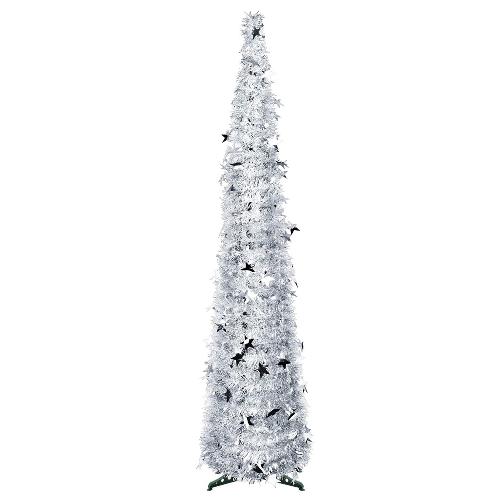 FINGOOO 5ft/1.5m Collapsible Christmas Tree Silver Tinsel Pop Up Coastal Christmas Tree for