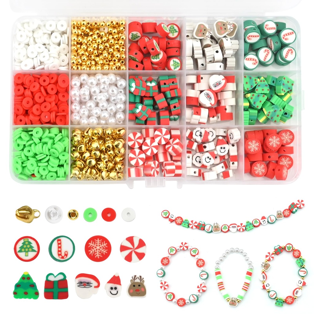 Christmas Polymer Clay Beads 1080 Pcs for Jewelry Making With Clear String, Charm Pendant C