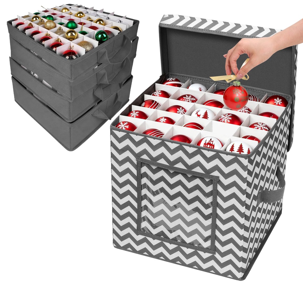 Anstore 2 Pack Christmas Bauble Storage Box with Trays & Adjustable Dividers, Stackable Non