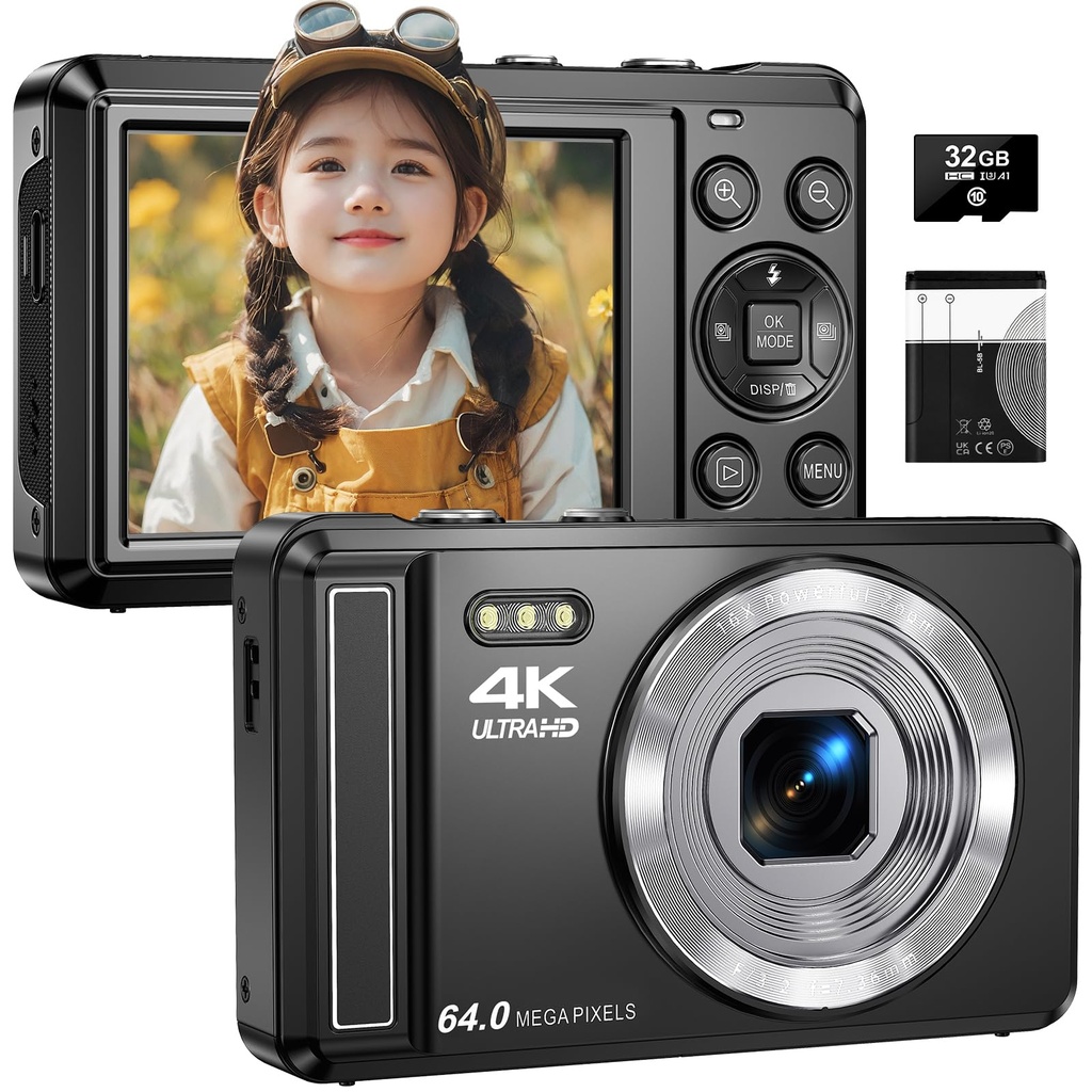 4K Digital Camera with 32 GB TF Card, 64 MP Auto Focus Camera with 16X Digital Zoom, Portabl