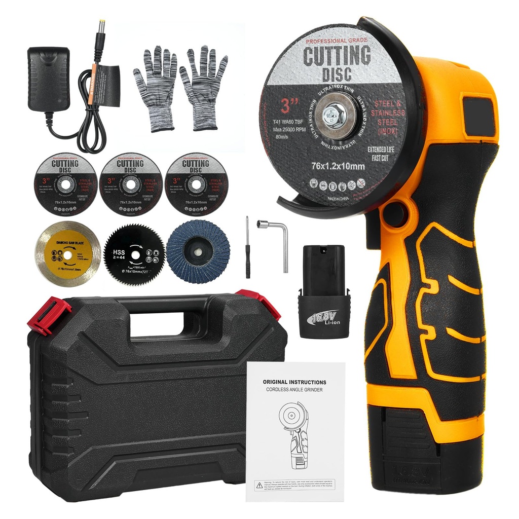 Mulcort Cordless Angle Grinder 7000RPM, 16.8V Mini Grinder, Electric Grinding Tool with 2 x
