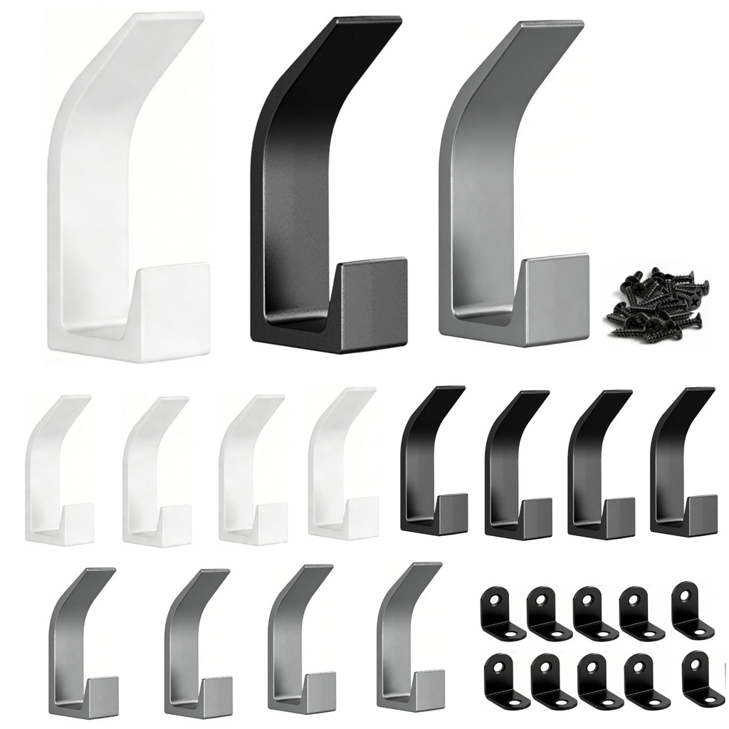 DYMHQ Coat Hooks Wall Mounted, 15pcs Black and White Double Prong Coat Hangers, Sturdy Adhe