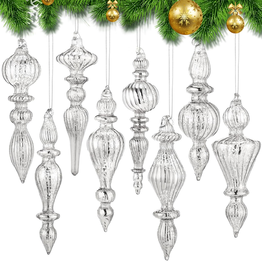 KEAGAN 8 PCS Silver Mercury Glass Christmas Tree Decorations Hanging Christmas Finials Glas