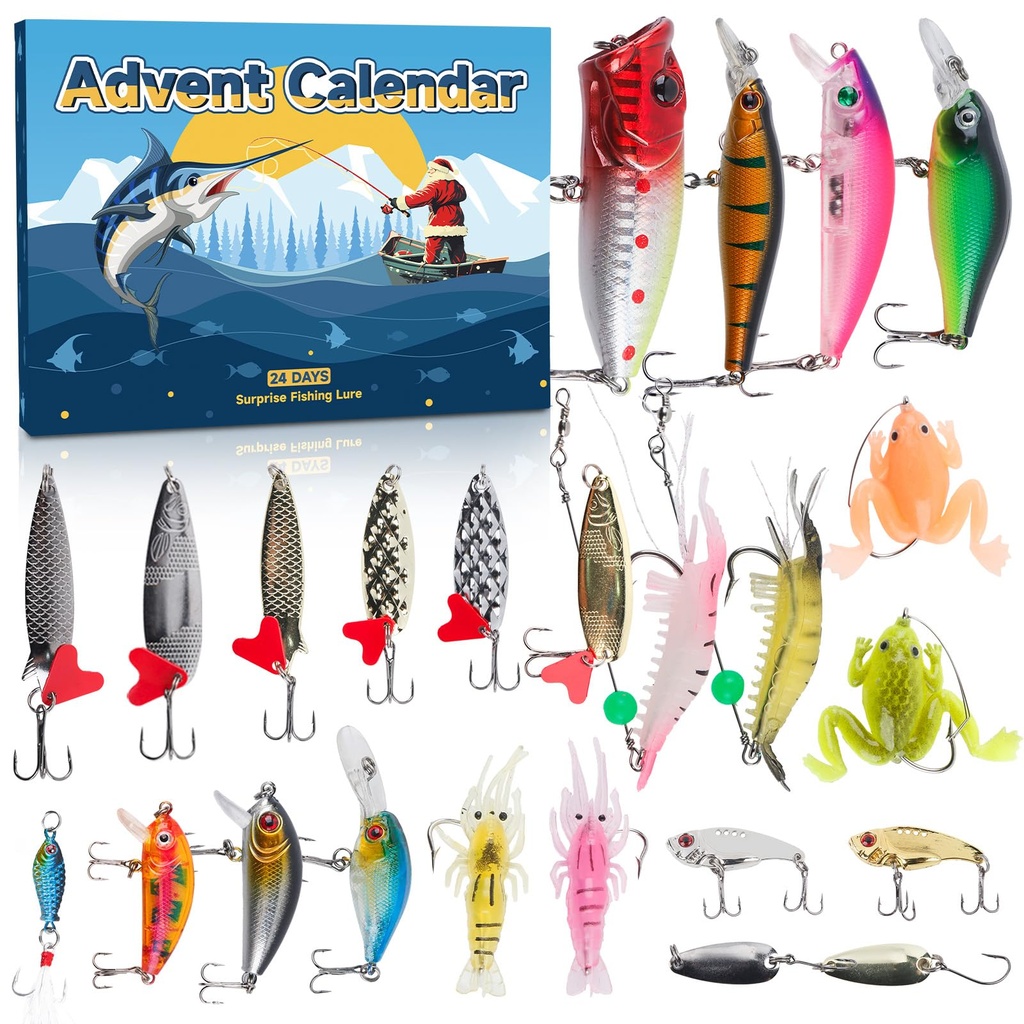 Fishing Advent Calendar 2025 For Men, 24 Days Lifelike Fishing Lure Christmas Countdown Adv