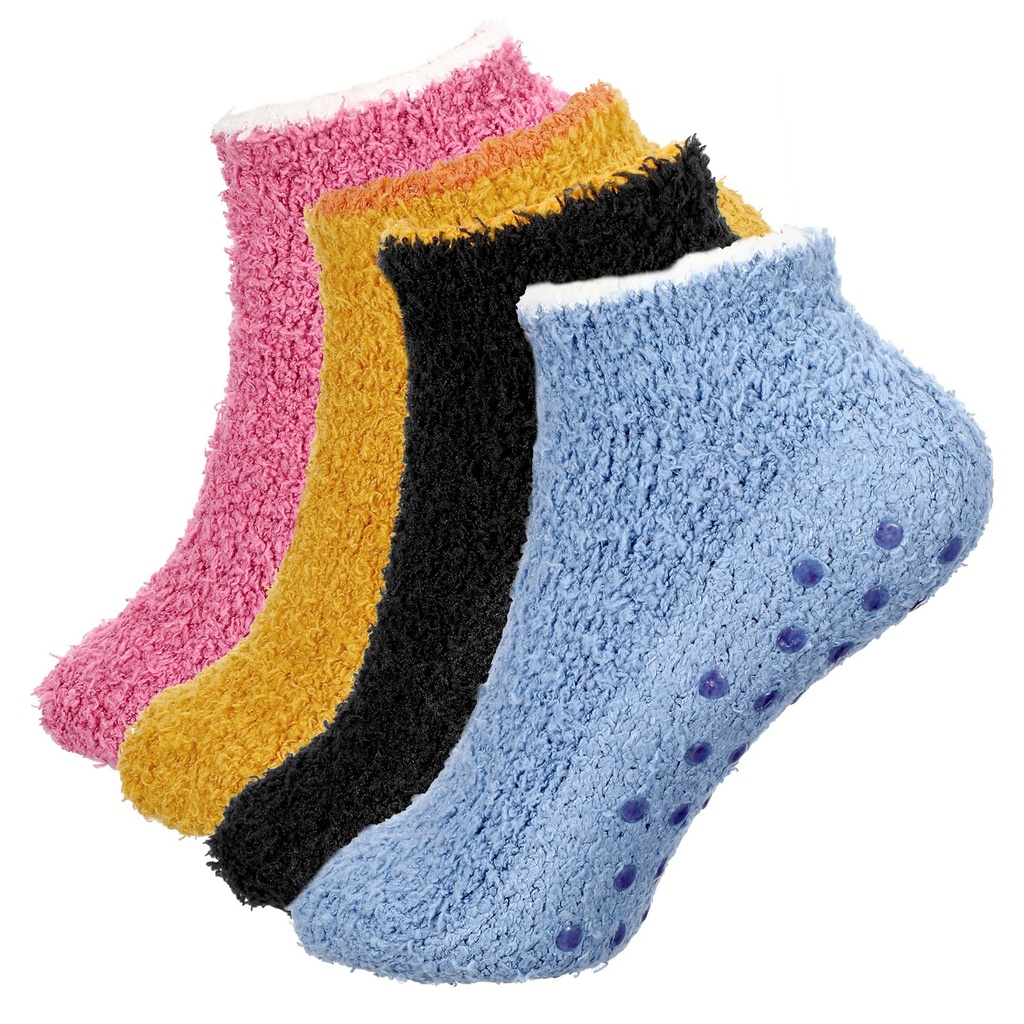 LIQWEI 4 Pairs Slipper Fluffy Socks for Women Men, Slipper Sock With Grippers Warm Cosy Bed