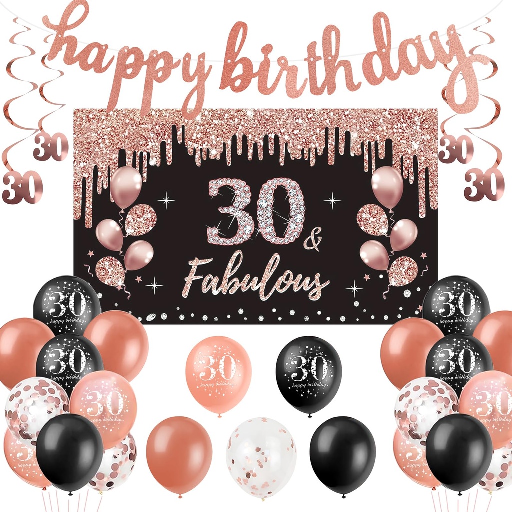 30th Birthday Decorations for Women,38pcs Rose Gold happy 30th birthday banner,Number Ballo