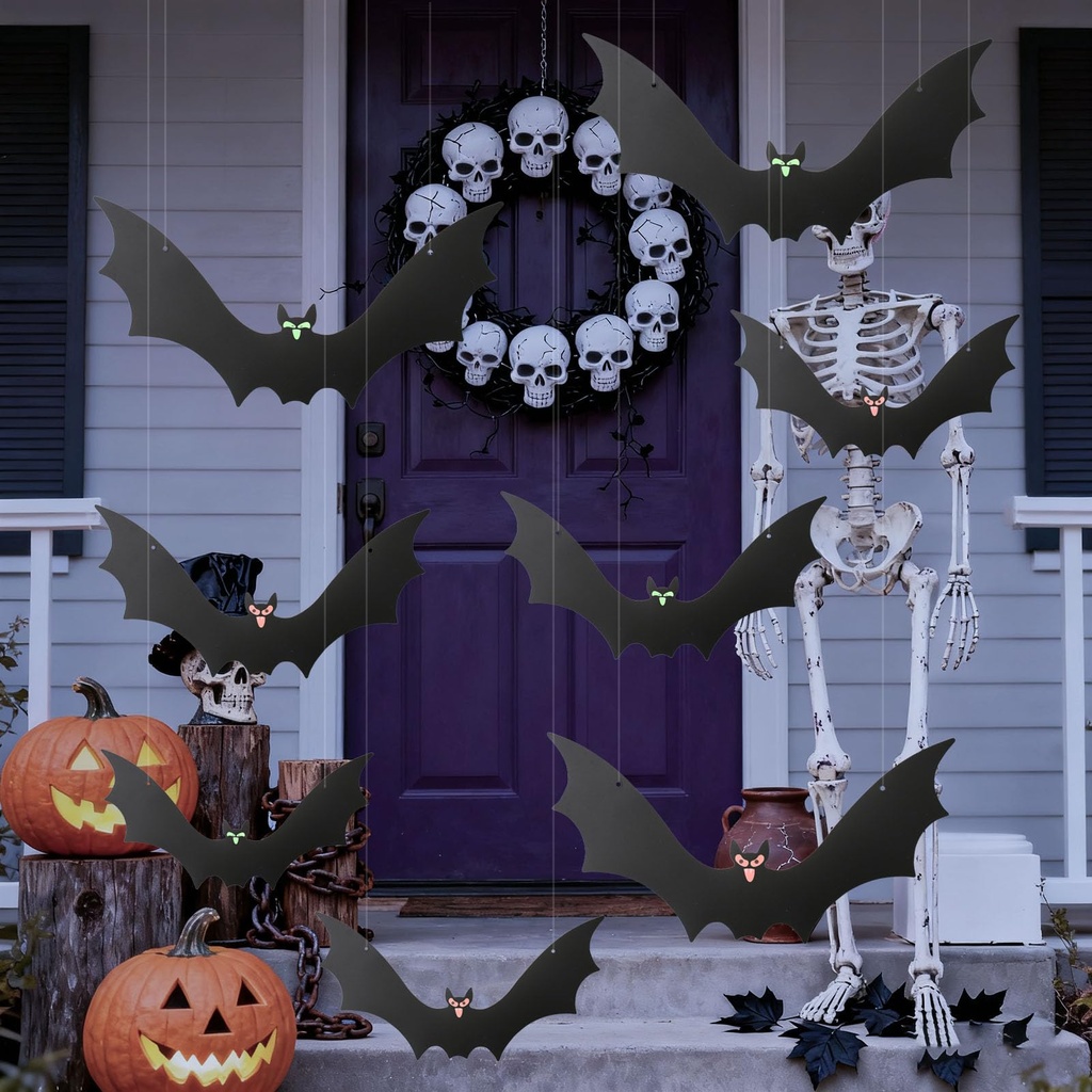 12Pcs Hanging Bats Decorations Halloween Decorations Outdoor Tree Large Flying Plastic Bats