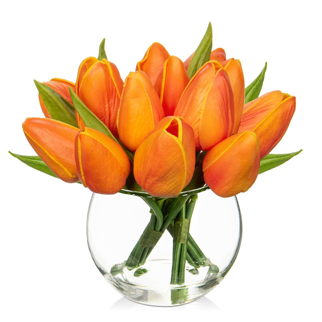 Oairse 14pcs Small Artificial Flower in Vase Real Touch Faux Tulips Flower in Cube Glass Vas