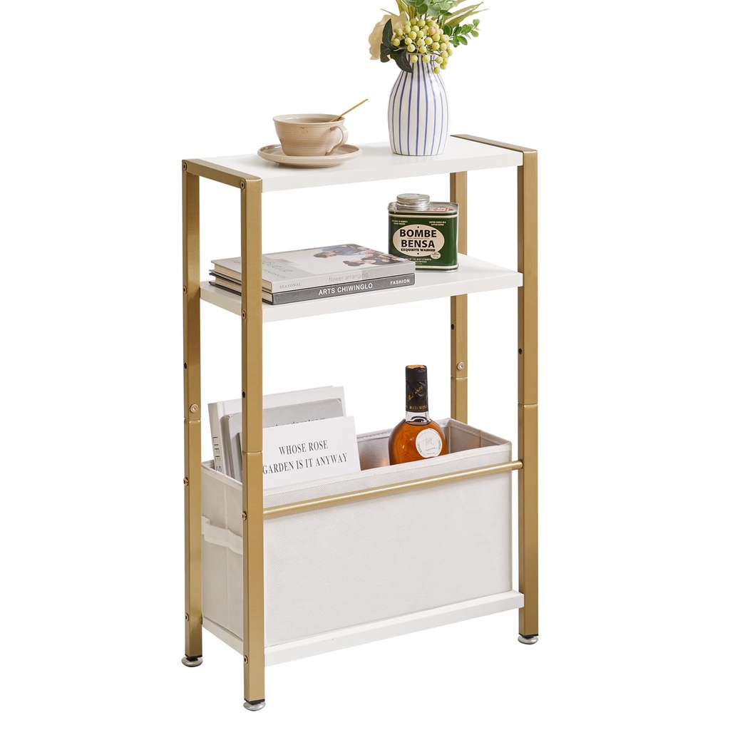 Aibiju Narrow Side Table, 3-Tier Slim End Table with Fabric Basket, Modern Sofa Table