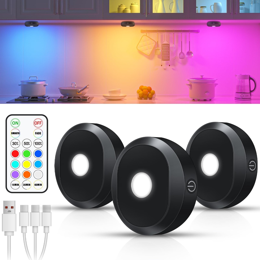 WILLED RGB Puck Lights,Rechargeable Under Cabinet Kitchen Lights with Remote Control, Wirele