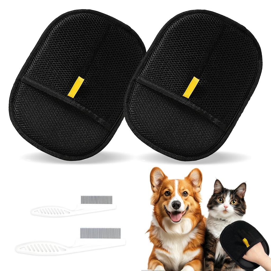 Jokureao Pet Hair Removal Gloves, 2Pcs Double-Sided Pet Grooming Gloves & Deshedding Set, Re