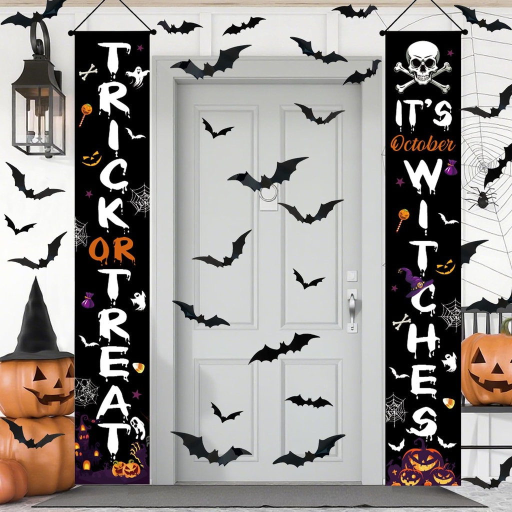 Halloween Decorations Outdoor Indoor, TRICK or TREAT Reusable Door Banner and Bats Halloween