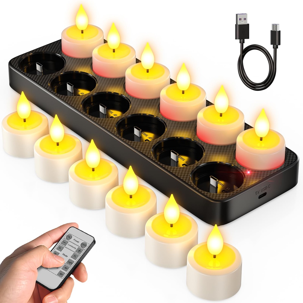 SoulBay Rechargeable Tea Lights, 12pcs Battery LED Flameless Tealight Candles 
