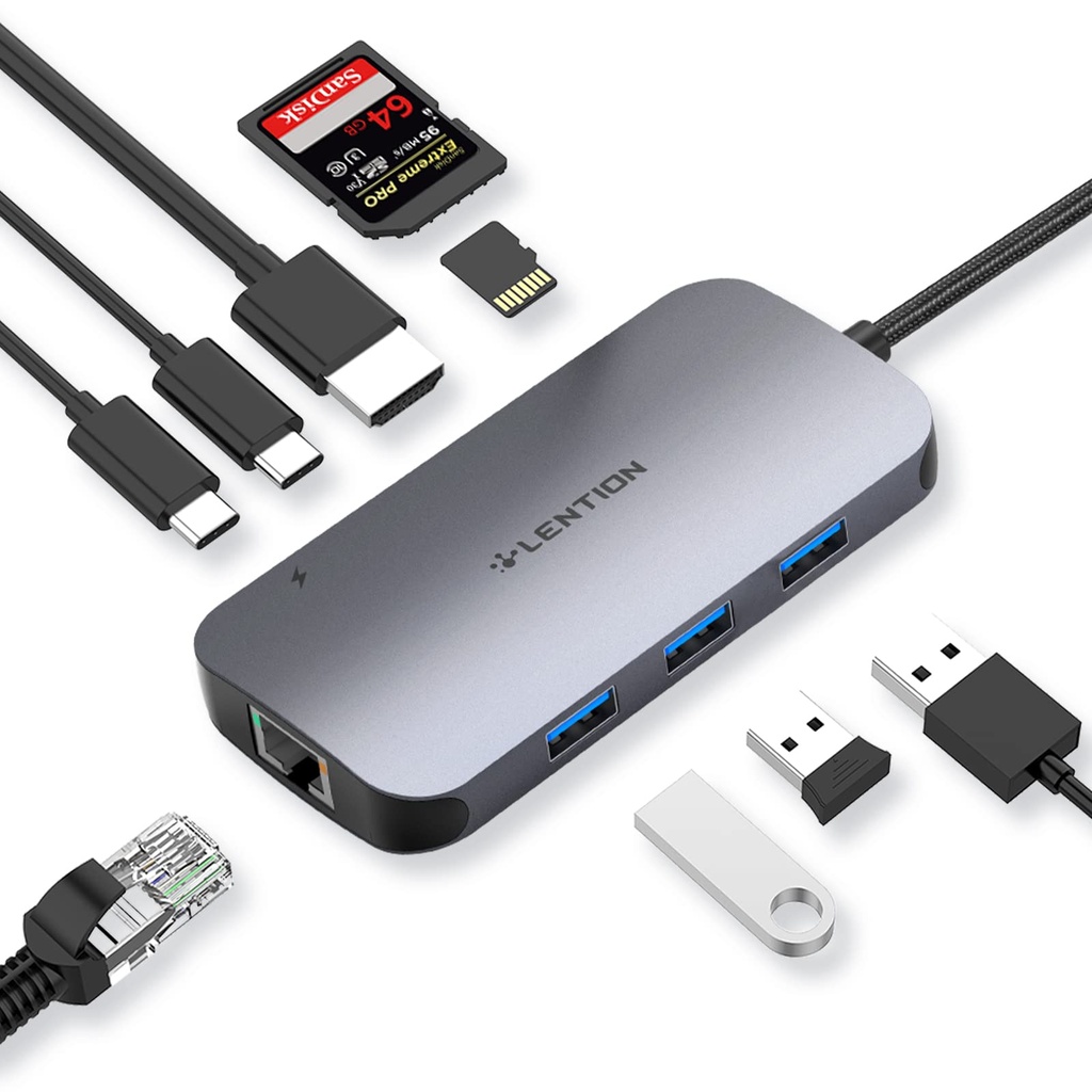 LENTION USB C Hub with 4K HDMI, Gigabit Ethernet, Card Reader, USB 3.0, Type C Data