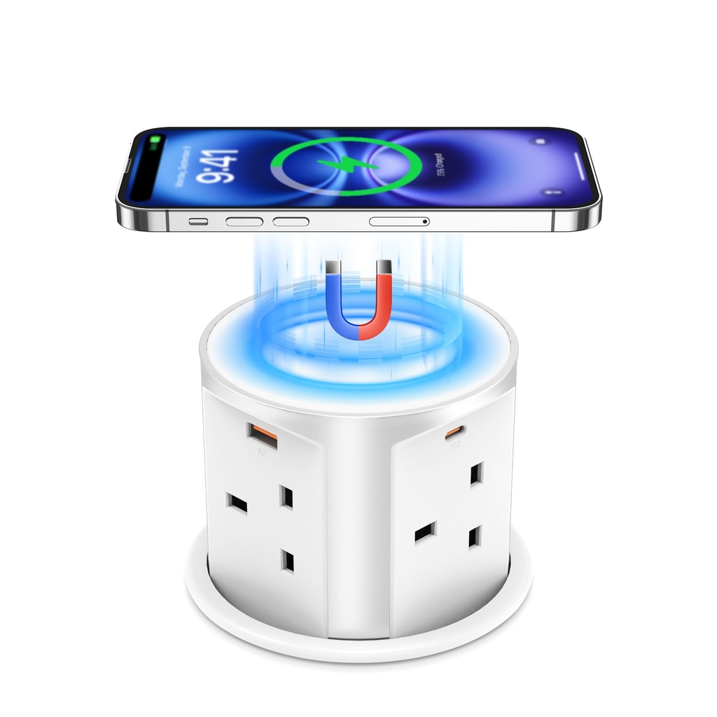 Pop Up Plug Socket with 15W Magnetic Wireless Charger,20W USB C Fast Charging Power Strip,3.